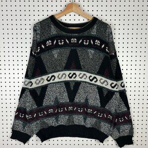 Expressions Abstract Aztec Knit Sweater Large Black‎ Multicolor Chunky Cosby 90s